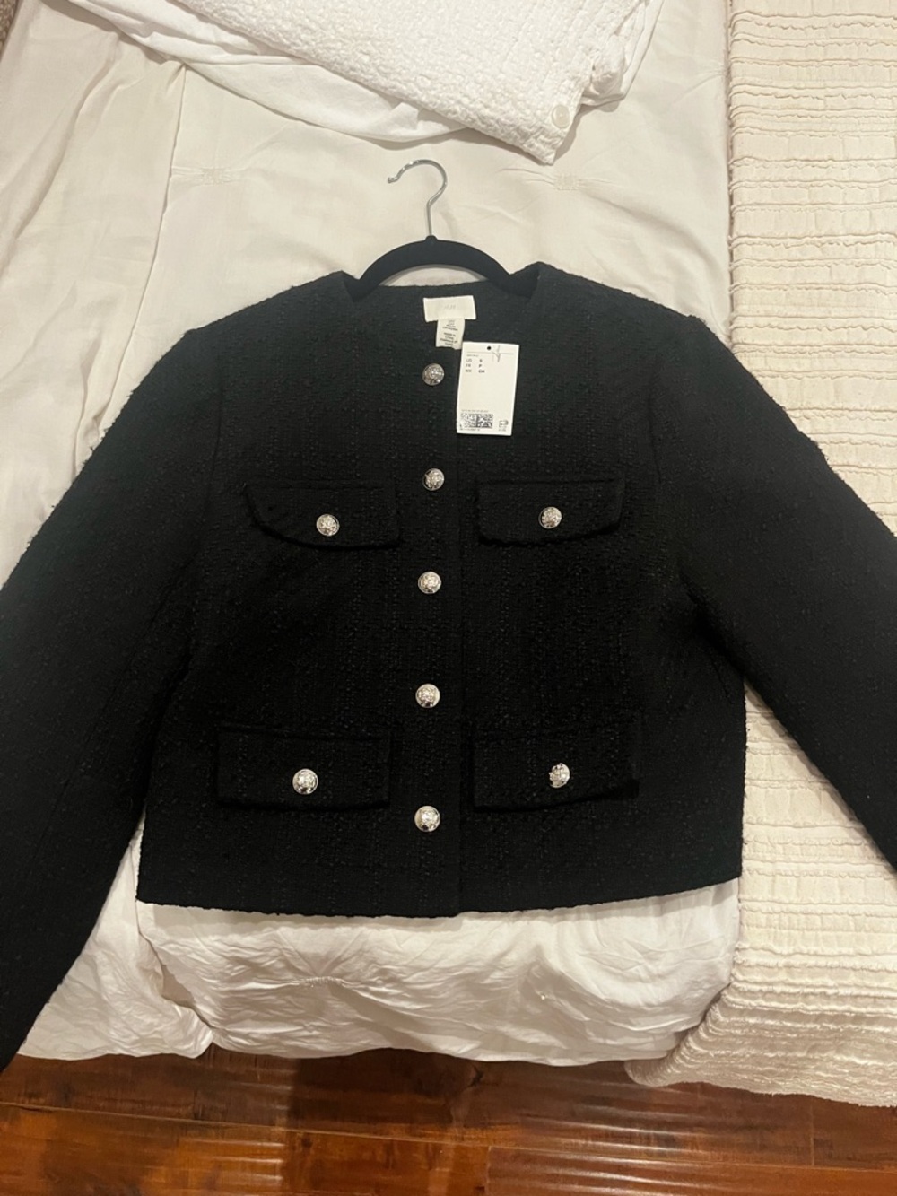 NWT H&M Black Tweed Boxy Jacket with Decorative Silver Buttons